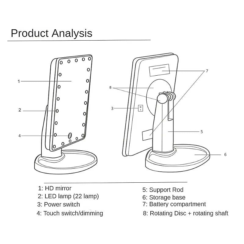 LINDA Mesa de maquiagem com 16 LEDs, espelho quadrado, rotação, tela sensível ao toque, iluminação prática, ajustável, moderna, funcional,