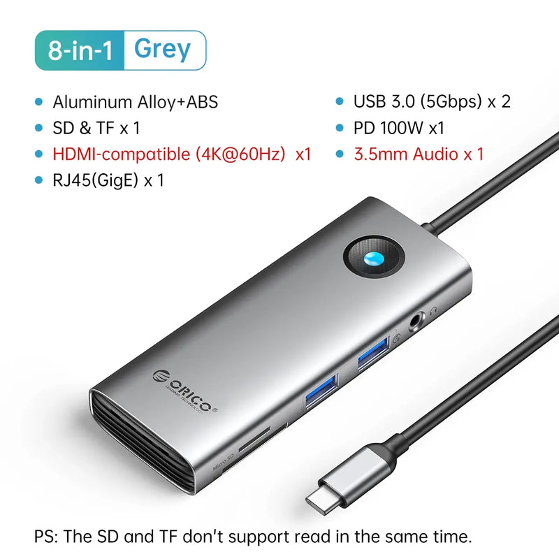 Orico tipo c docking station hub para 4k60hz hdmi-adaptador usb 3.0 rj45 pd100w carga para macbook pro acessórios para portátil