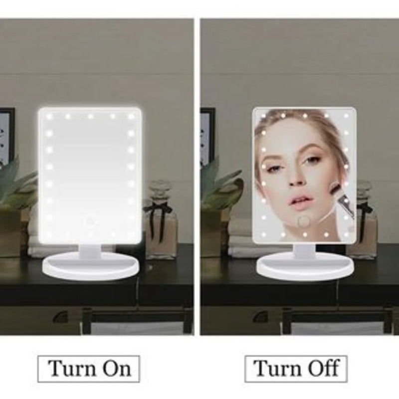 LINDA Mesa de maquiagem com 16 LEDs, espelho quadrado, rotação, tela sensível ao toque, iluminação prática, ajustável, moderna, funcional,