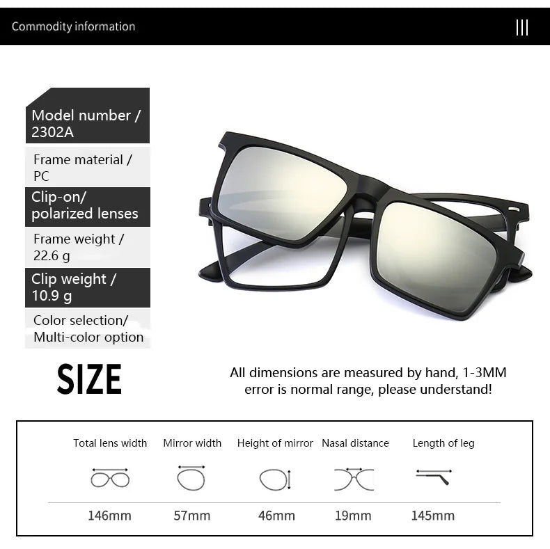 Óculos de sol polarizados magnéticos para miopia, UNISEX, com clipe, armação quadrada, 6 em 1, -0,5 a -10