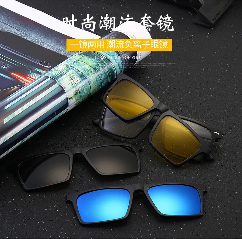 Óculos de sol polarizados magnéticos para miopia, UNISEX, com clipe, armação quadrada, 6 em 1, -0,5 a -10