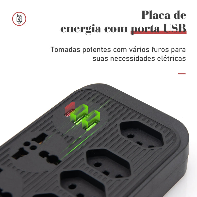 Tomada de extensão, filtro de linha, extensão de energia, soquete USB, plugue, plugue de água, filtro de linha do Brasil, 100-220 V, 10 A