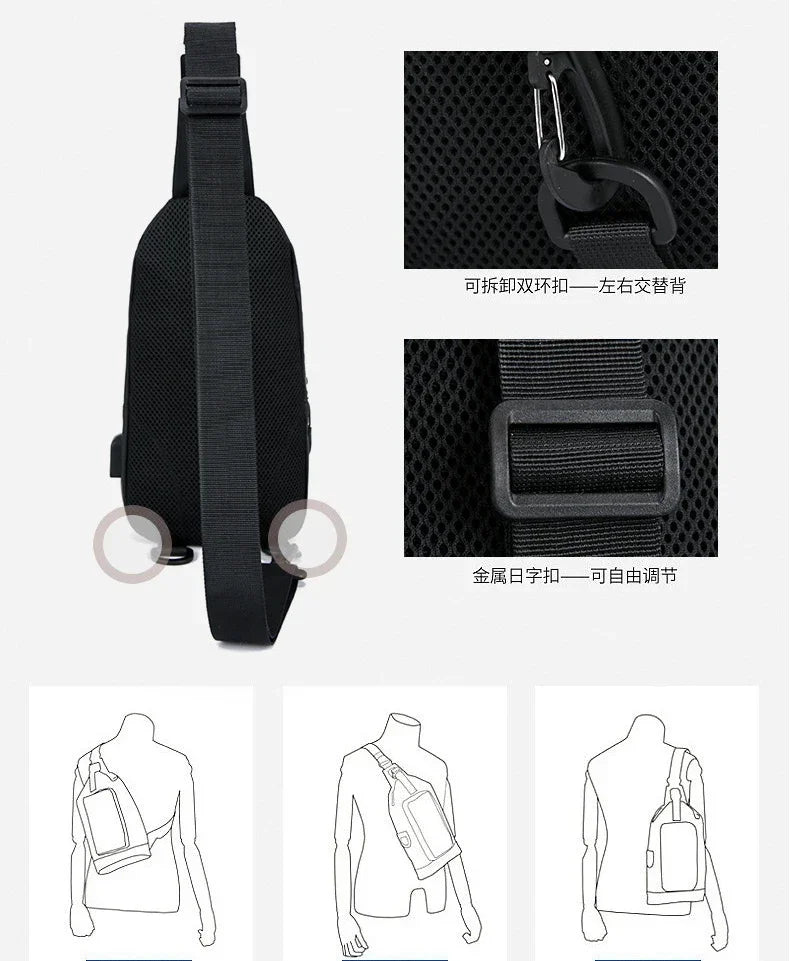 Bolsa de ombro masculina multifuncional antifurto com USB, transversal, transversal, para viagem, bolsa de peito, mochila mensageiro