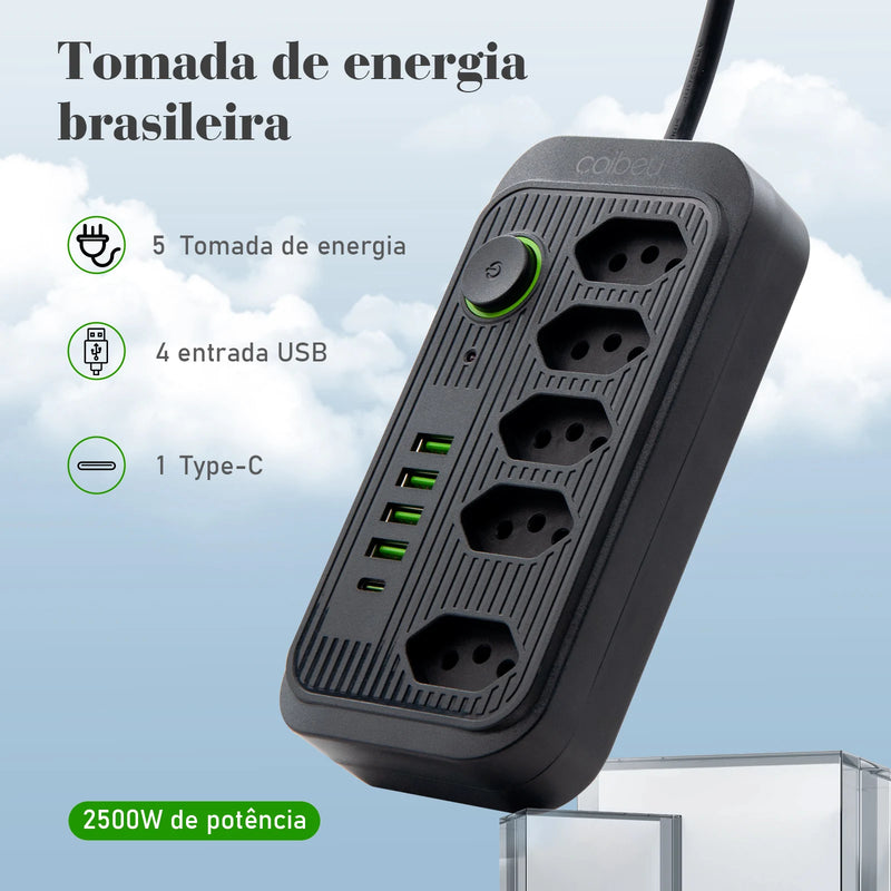 Tomada de extensão, filtro de linha, extensão de energia, soquete USB, plugue, plugue de água, filtro de linha do Brasil, 100-220 V, 10 A