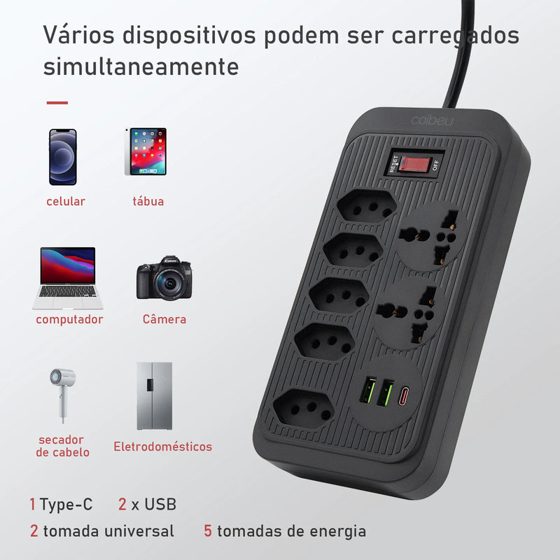 Tomada de extensão, filtro de linha, extensão de energia, soquete USB, plugue, plugue de água, filtro de linha do Brasil, 100-220 V, 10 A