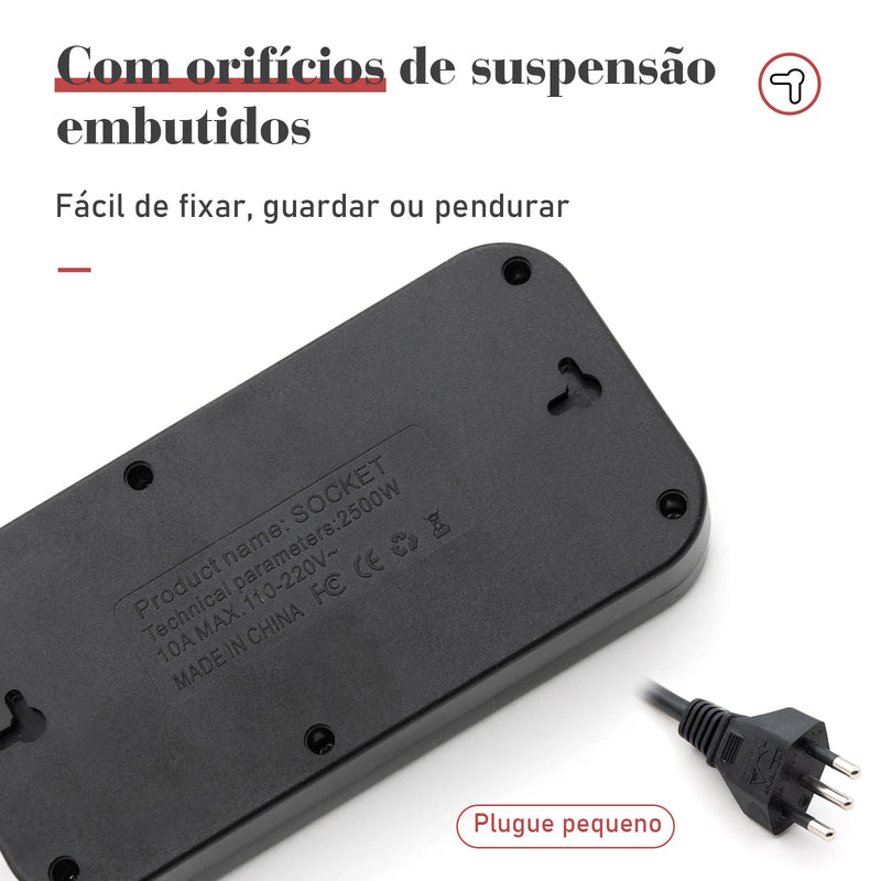 Tomada de extensão, filtro de linha, extensão de energia, soquete USB, plugue, plugue de água, filtro de linha do Brasil, 100-220 V, 10 A
