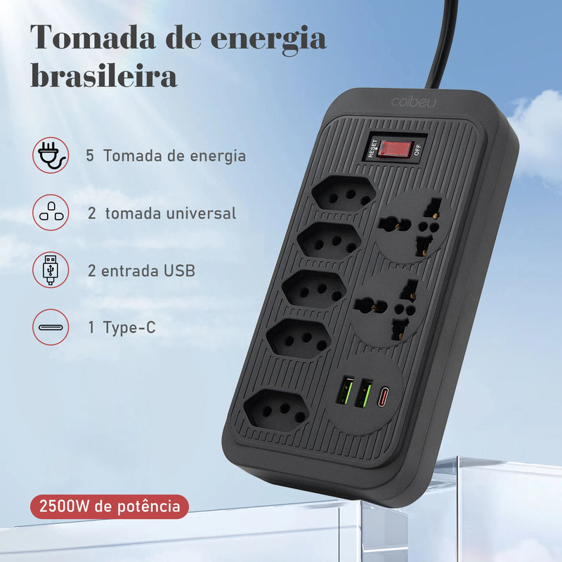 Tomada de extensão, filtro de linha, extensão de energia, soquete USB, plugue, plugue de água, filtro de linha do Brasil, 100-220 V, 10 A