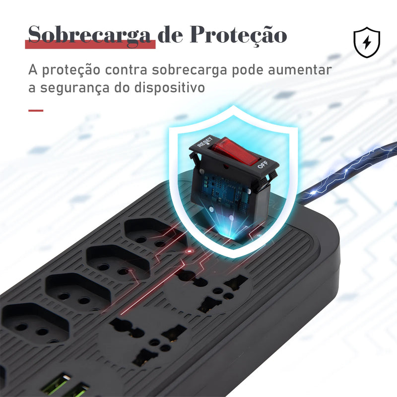 Tomada de extensão, filtro de linha, extensão de energia, soquete USB, plugue, plugue de água, filtro de linha do Brasil, 100-220 V, 10 A