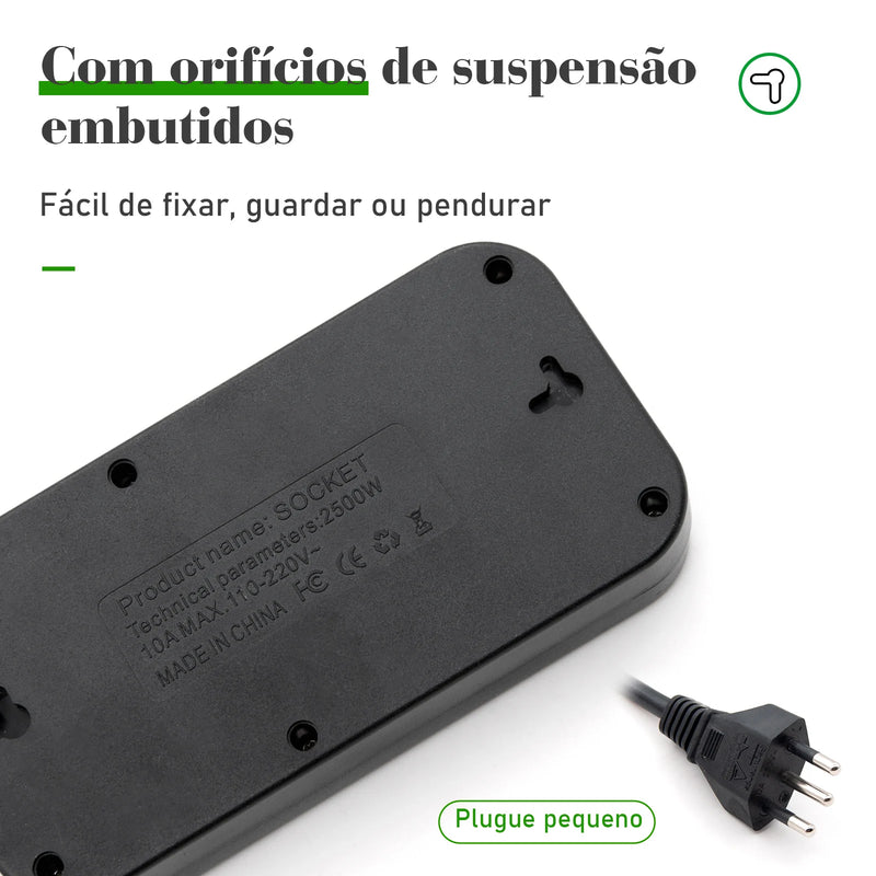 Tomada de extensão, filtro de linha, extensão de energia, soquete USB, plugue, plugue de água, filtro de linha do Brasil, 100-220 V, 10 A