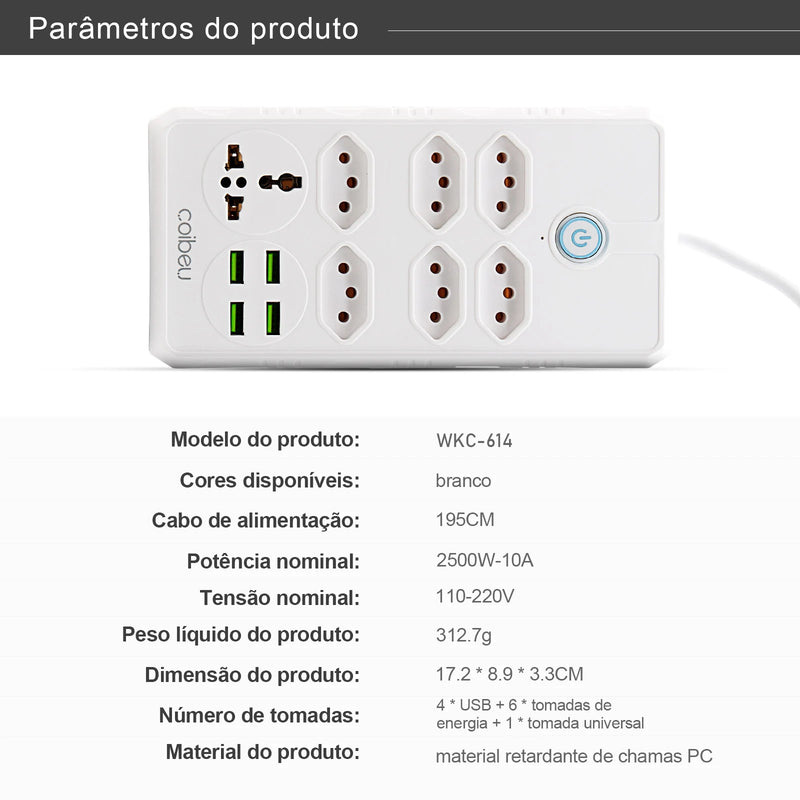 Tomada de extensão, filtro de linha, extensão de energia, soquete USB, plugue, plugue de água, filtro de linha do Brasil, 100-220 V, 10 A
