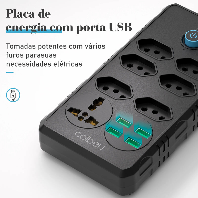 Tomada de extensão, filtro de linha, extensão de energia, soquete USB, plugue, plugue de água, filtro de linha do Brasil, 100-220 V, 10 A