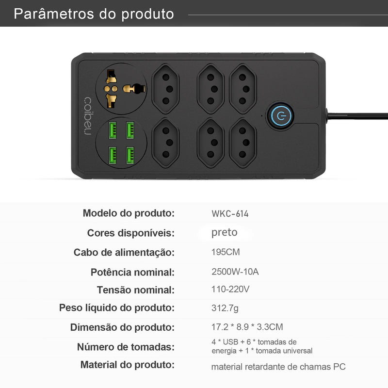 Tomada de extensão, filtro de linha, extensão de energia, soquete USB, plugue, plugue de água, filtro de linha do Brasil, 100-220 V, 10 A