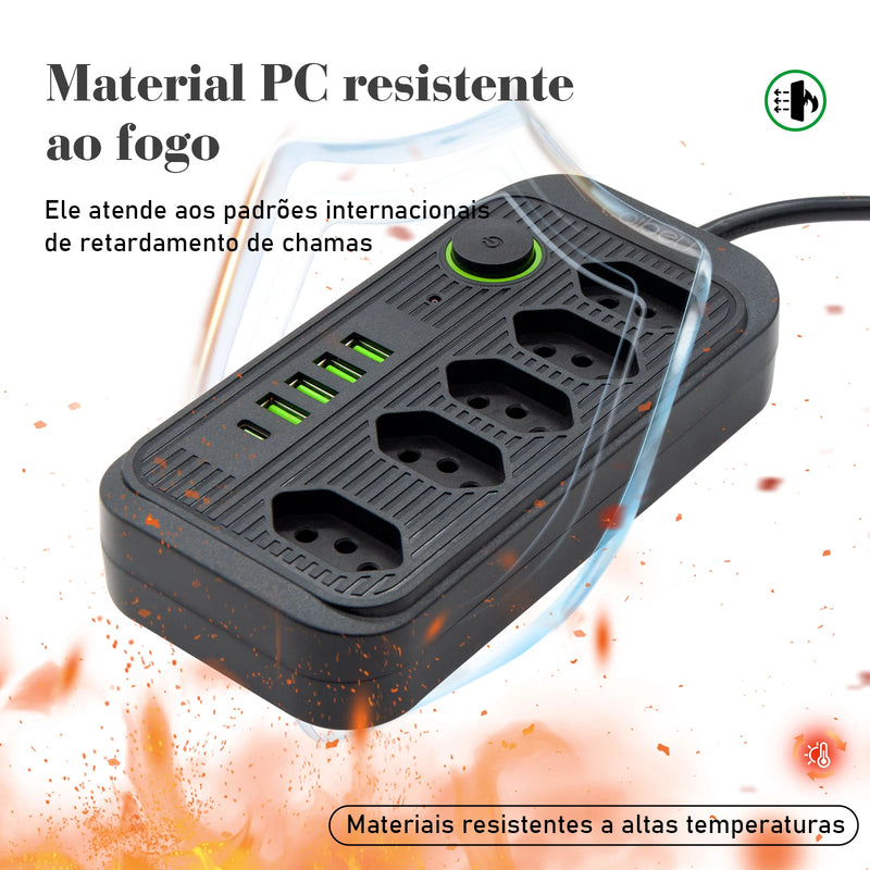 Tomada de extensão, filtro de linha, extensão de energia, soquete USB, plugue, plugue de água, filtro de linha do Brasil, 100-220 V, 10 A