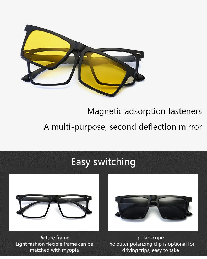 Óculos de sol polarizados magnéticos para miopia, UNISEX, com clipe, armação quadrada, 6 em 1, -0,5 a -10