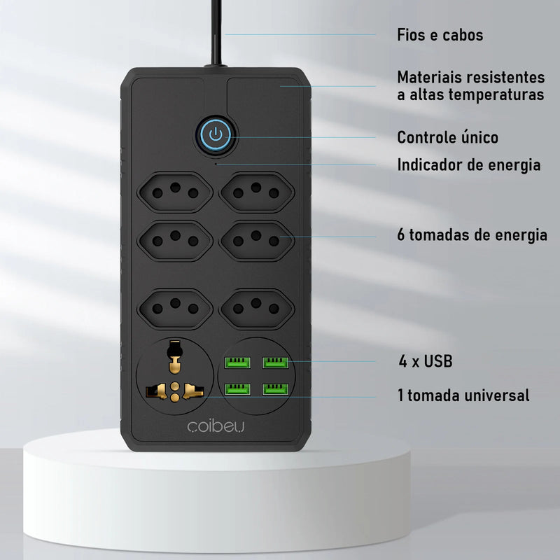 Tomada de extensão, filtro de linha, extensão de energia, soquete USB, plugue, plugue de água, filtro de linha do Brasil, 100-220 V, 10 A