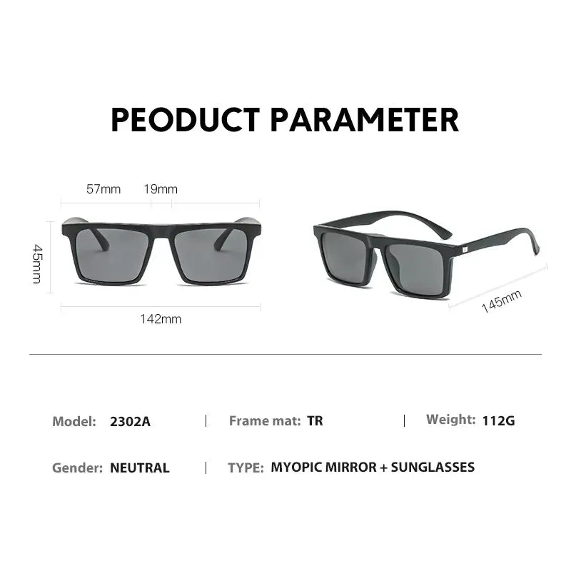 Óculos de sol polarizados magnéticos para miopia, UNISEX, com clipe, armação quadrada, 6 em 1, -0,5 a -10