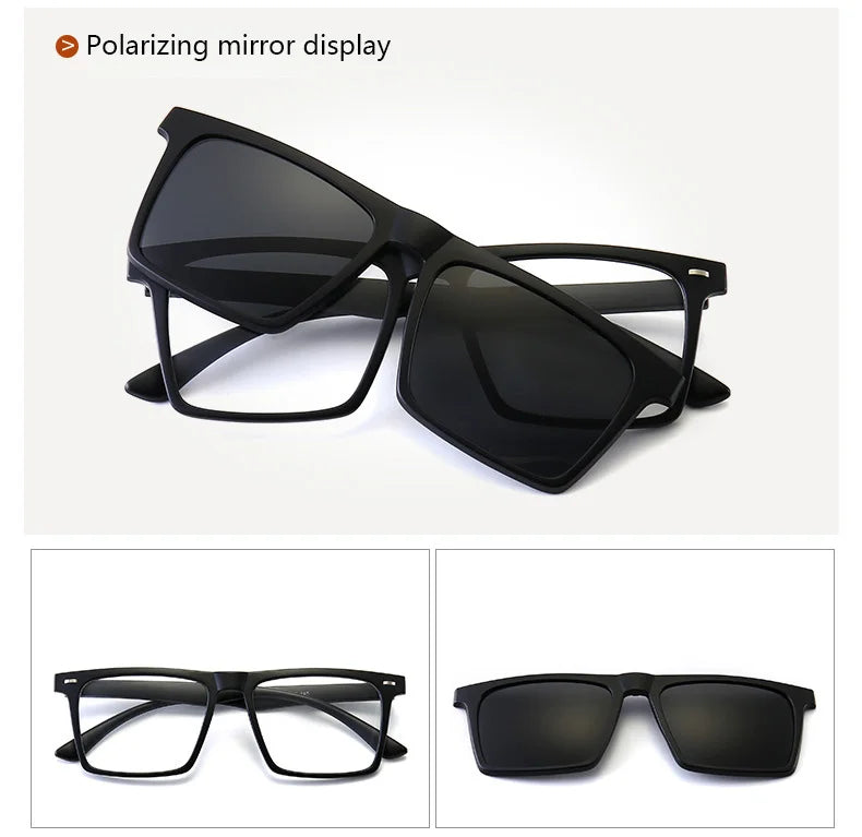 Óculos de sol polarizados magnéticos para miopia, UNISEX, com clipe, armação quadrada, 6 em 1, -0,5 a -10
