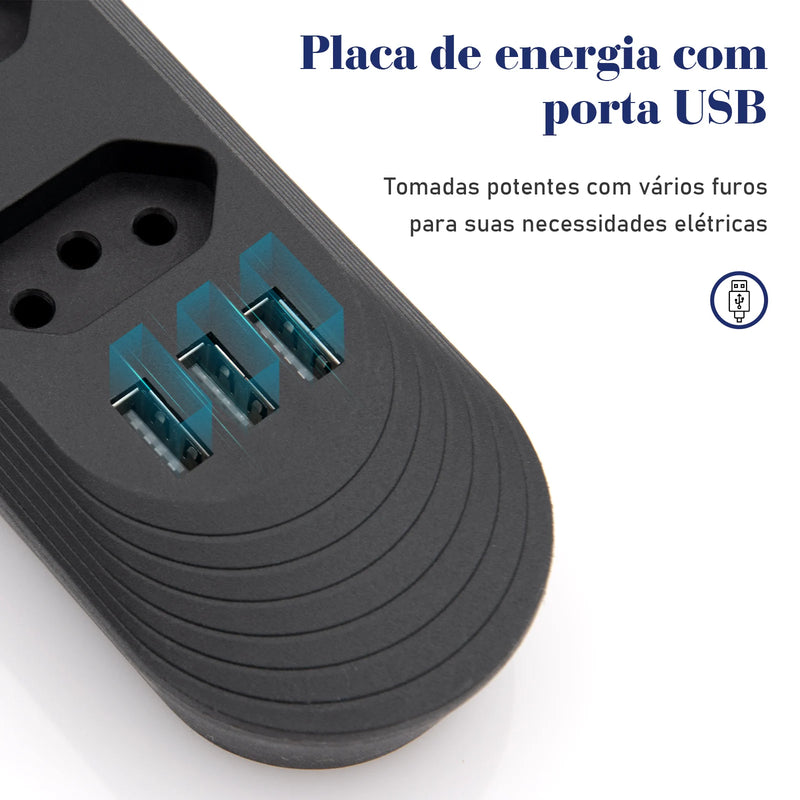 Tomada de extensão, filtro de linha, extensão de energia, soquete USB, plugue, plugue de água, filtro de linha do Brasil, 100-220 V, 10 A