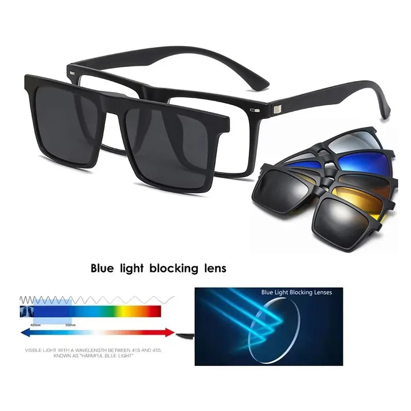 Óculos de sol polarizados magnéticos para miopia, UNISEX, com clipe, armação quadrada, 6 em 1, -0,5 a -10