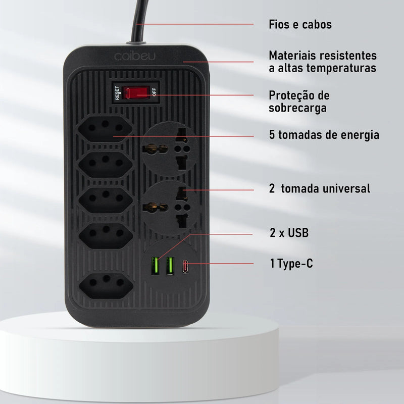 Tomada de extensão, filtro de linha, extensão de energia, soquete USB, plugue, plugue de água, filtro de linha do Brasil, 100-220 V, 10 A
