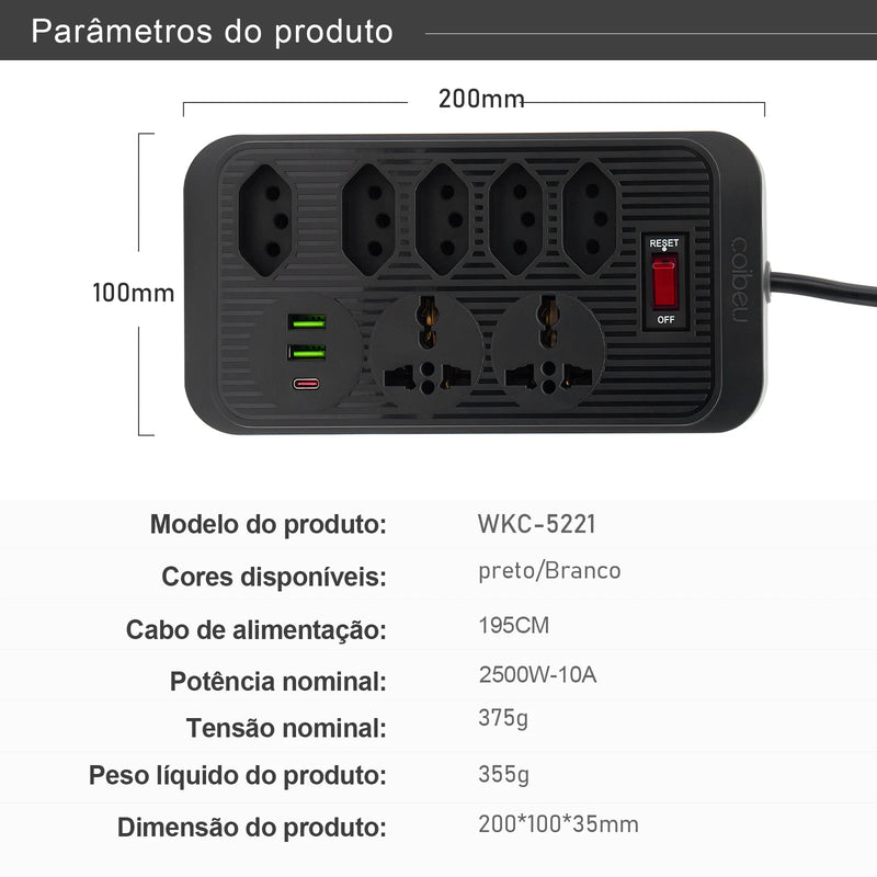 Tomada de extensão, filtro de linha, extensão de energia, soquete USB, plugue, plugue de água, filtro de linha do Brasil, 100-220 V, 10 A