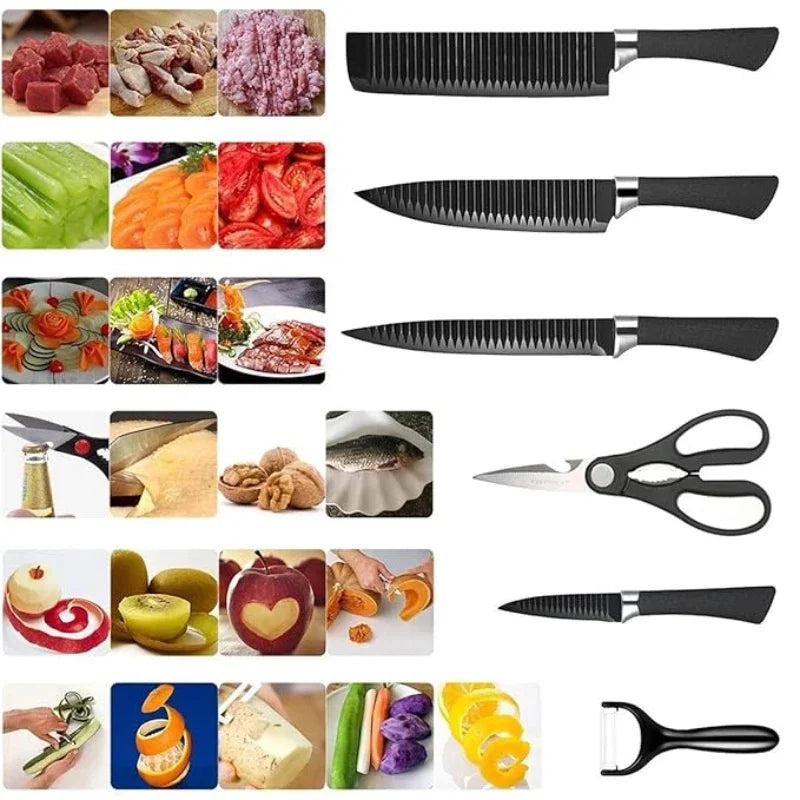 Brasil 6 PCs Conjunto de ferramentas Black WAVE FACAS, Conjunto de facas de aço inoxidável Faca de chef Faca de frutas