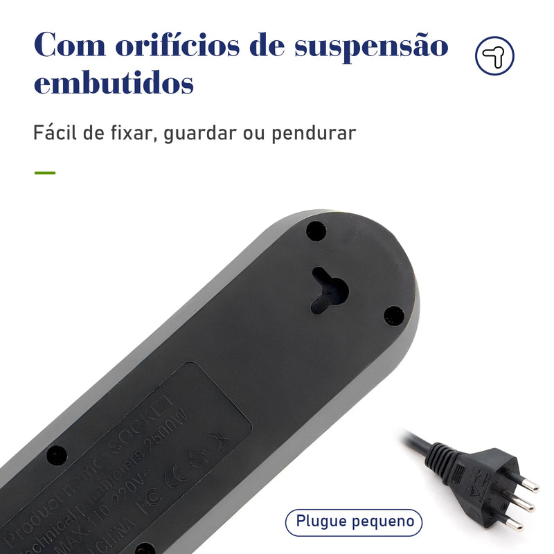 Tomada de extensão, filtro de linha, extensão de energia, soquete USB, plugue, plugue de água, filtro de linha do Brasil, 100-220 V, 10 A