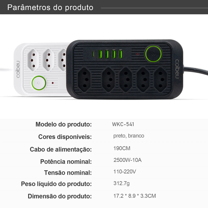 Tomada de extensão, filtro de linha, extensão de energia, soquete USB, plugue, plugue de água, filtro de linha do Brasil, 100-220 V, 10 A