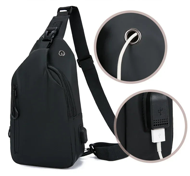 Bolsa de ombro masculina multifuncional antifurto com USB, transversal, transversal, para viagem, bolsa de peito, mochila mensageiro