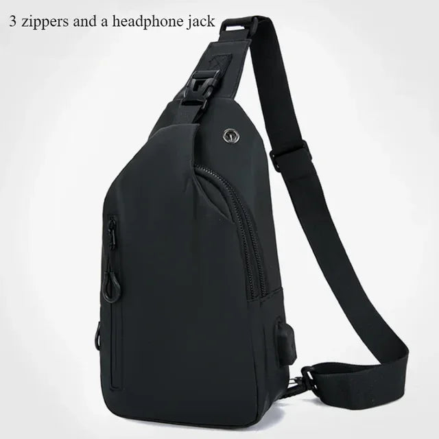 Bolsa de ombro masculina multifuncional antifurto com USB, transversal, transversal, para viagem, bolsa de peito, mochila mensageiro