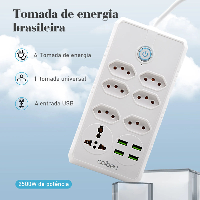 Tomada de extensão, filtro de linha, extensão de energia, soquete USB, plugue, plugue de água, filtro de linha do Brasil, 100-220 V, 10 A