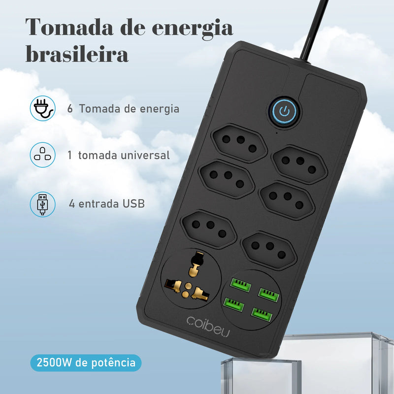 Tomada de extensão, filtro de linha, extensão de energia, soquete USB, plugue, plugue de água, filtro de linha do Brasil, 100-220 V, 10 A