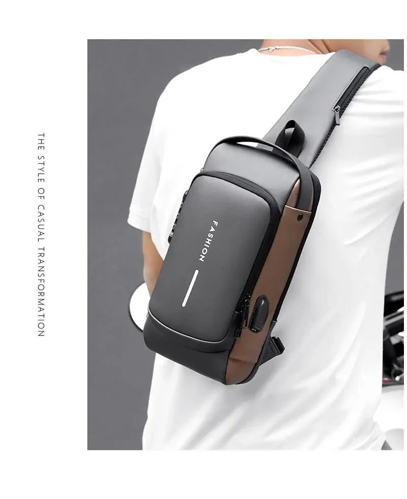 Bolsa de ombro masculina multifuncional antifurto com USB, transversal, transversal, para viagem, bolsa de peito, mochila mensageiro