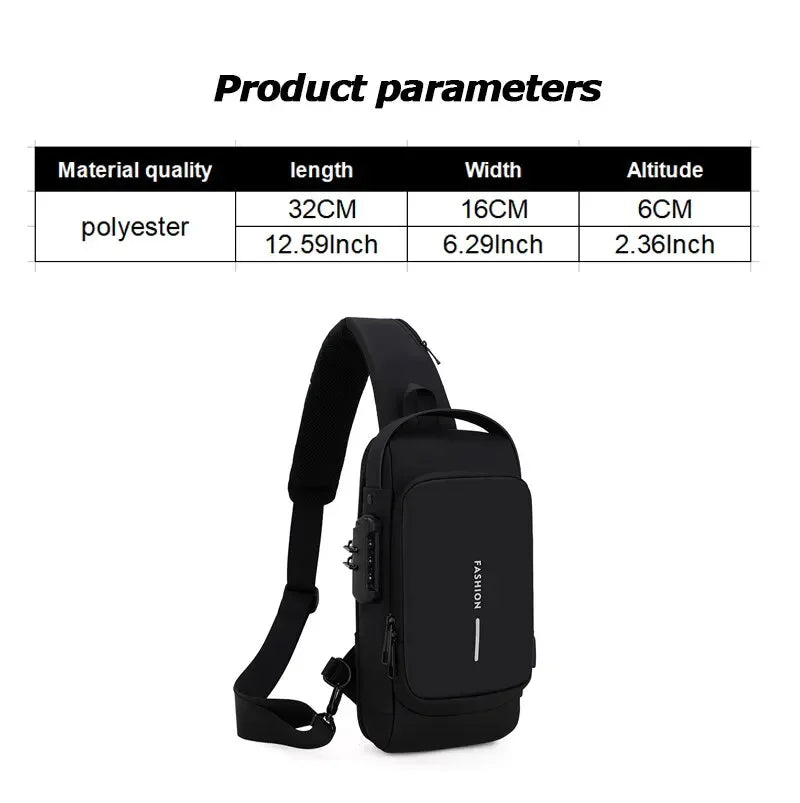 Bolsa de ombro masculina multifuncional antifurto com USB, transversal, transversal, para viagem, bolsa de peito, mochila mensageiro