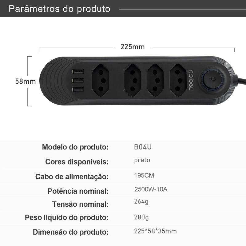 Tomada de extensão, filtro de linha, extensão de energia, soquete USB, plugue, plugue de água, filtro de linha do Brasil, 100-220 V, 10 A