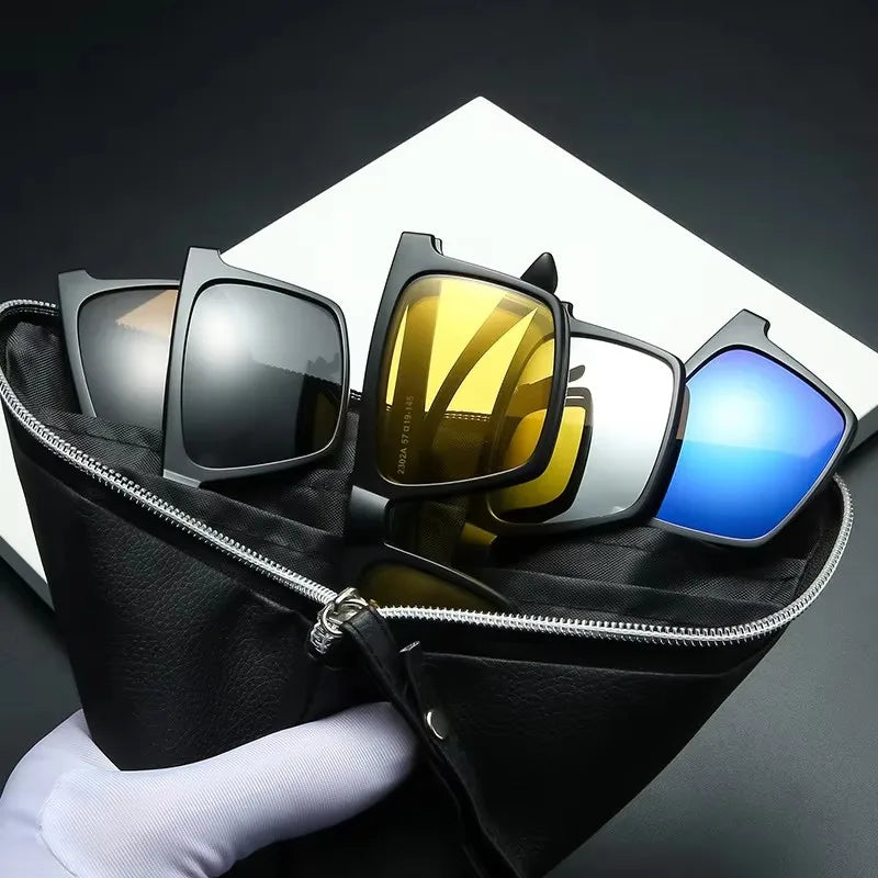 Óculos de sol polarizados magnéticos para miopia, UNISEX, com clipe, armação quadrada, 6 em 1, -0,5 a -10