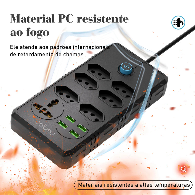 Tomada de extensão, filtro de linha, extensão de energia, soquete USB, plugue, plugue de água, filtro de linha do Brasil, 100-220 V, 10 A