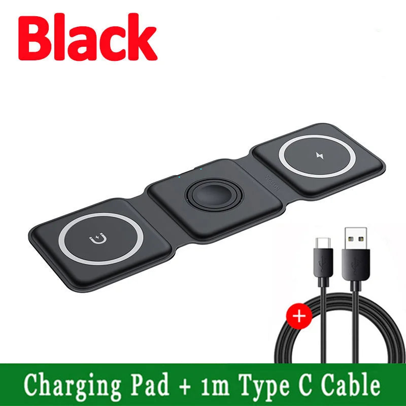 3 em 1 Carregador magnético sem fio Pad Stand dobrável para iPhone 15 14 13 12 11 Apple Watch AirPods 15W Estação de carregamento rápido