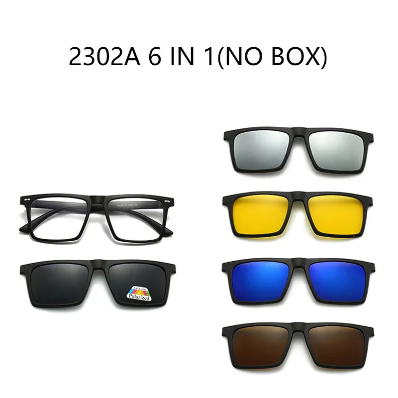 Óculos de sol polarizados magnéticos para miopia, UNISEX, com clipe, armação quadrada, 6 em 1, -0,5 a -10